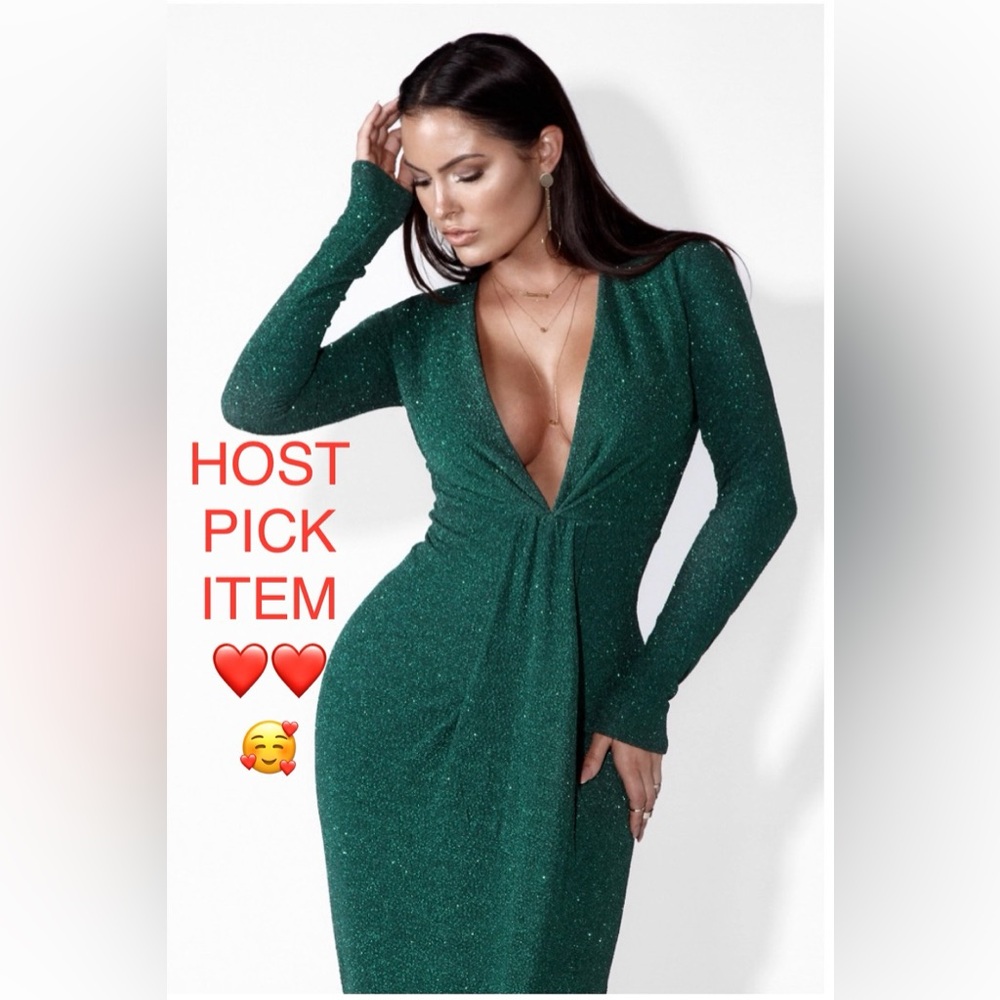 🛍HOST PICK :Hunter Green A Little Glitter Deep V Shimmer Dress.  form fitting